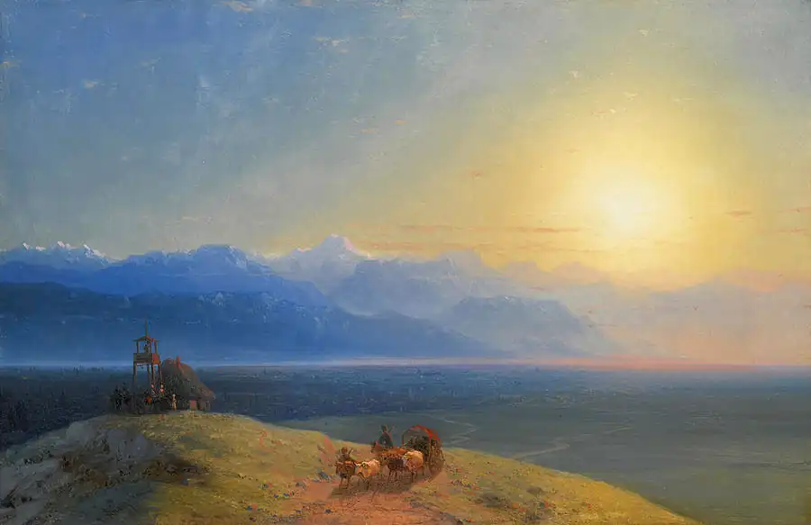 View of the Caucasus with Mount Kazbek in the Distance