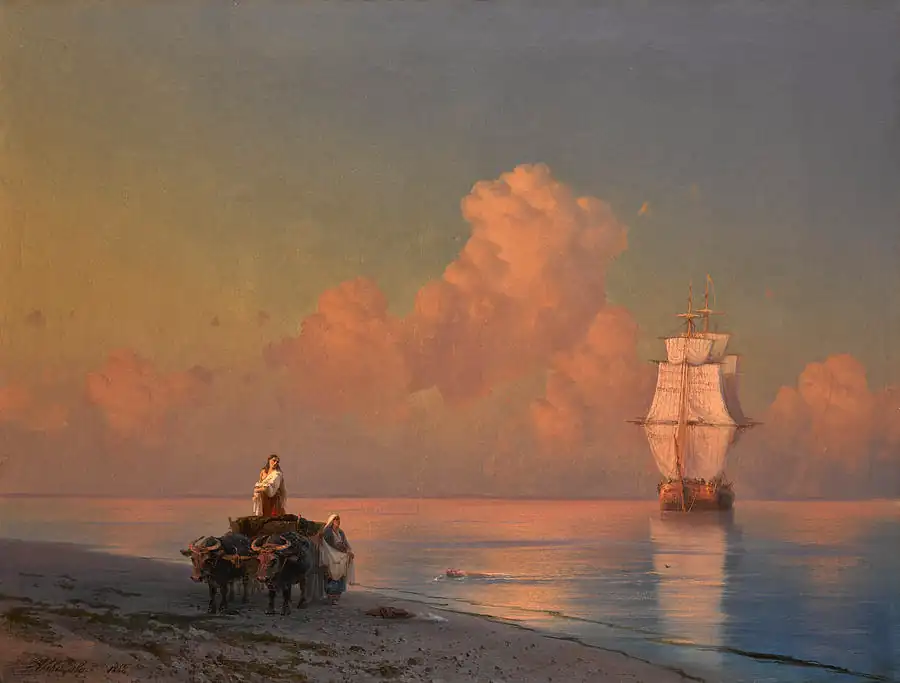 An Ox Drawn Cart on the Shore and a Swimmer in the Shallows