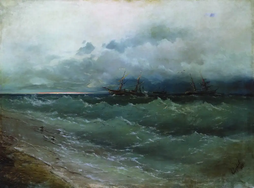 Корабли в бурном море. Восход солнца