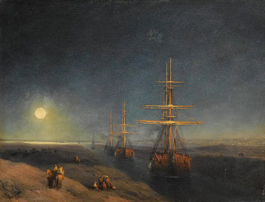 Ships Passing Through a Canal in Moonlight