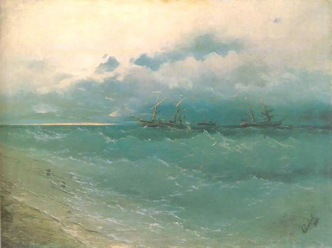 Корабли на бурном море, восход солнца