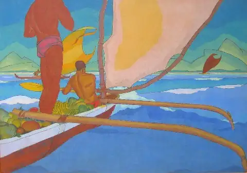 Men in an Outrigger Canoe Headed for Shore
